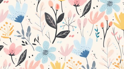 A seamless pattern of abstract floral designs in pastel colors, perfect for use as a wallpaper or fabric print.