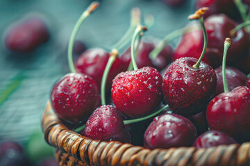 Fresh Organic Cherries in Rustic Basket with Natural Daylight Highlighting Vibrant Red Color