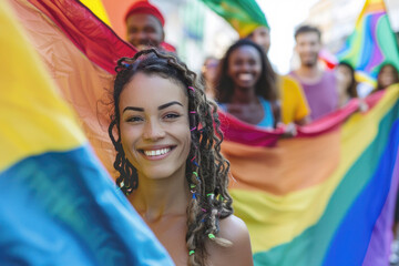 Fototapeta premium Diverse Group Celebrating with Rainbow Flag in Vibrant Cityscape