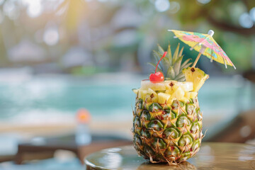 Pineapple Cocktail with Colorful Umbrella and Cherry on Beach