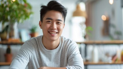 A young Asian man sits in a cafe, smiling warmly at the camera. His relaxed posture and bright smile suggest a comfortable and happy moment