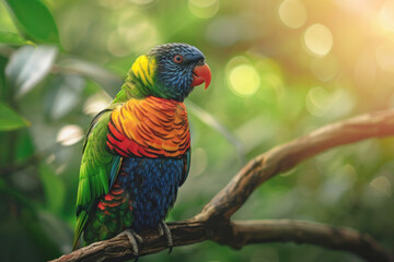 Colorful Parrot Perched on Branch with Tropical Foliage Background