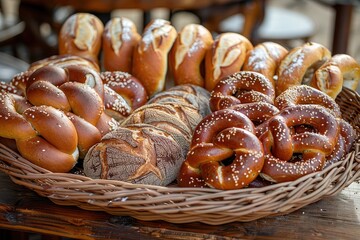 Assortment of Freshly Baked Bread and Pretzels in a Basket