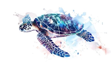 Sea turtle watercolor illustration style, beautifully isolated on a pristine white background. An imaginative and conceptual wildlife animal artwork. Merging abstract brush strokes with hints of real