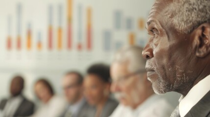 A diverse group of business professionals engaged in a lively meeting, with charts and graphs projected on a screen behind them.