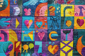 Obraz premium Vibrant and Colorful Mural Depicting Various Gender Symbols and Icons of Equality on Urban Brick Wall