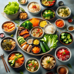 Banchan - Variety of Korean side dishes served in small plates.