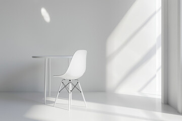 White table and white chair in a white room. Bright office interior.