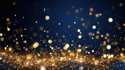 abstract background with Dark blue and gold particle. Christmas Golden light shine particles bokeh on navy blue background. Gold foil texture. Holiday concept., generative ai