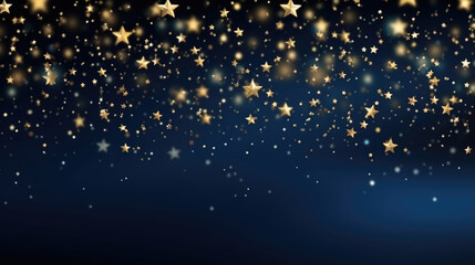 Abstract background with gold stars, particles and sparkling on navy blue. Christmas Golden light shine particles bokeh on navy blue background. 2024 New year background. , generative ai