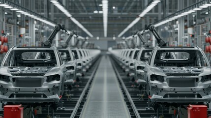 Fototapeta premium A bustling car assembly line, with robotic arms and human workers collaborating to build sleek, modern vehicles.
