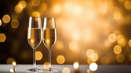 Happy New Year 2024. Christmas and New Year holidays bokeh background with copy space. Toasting with champagne glasses against holiday lights. winter season., generative ai