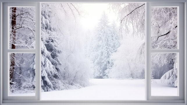 View through the window of a cottage into a snow covered winter forest landscape. Snowy nature background. For product display, generative ai