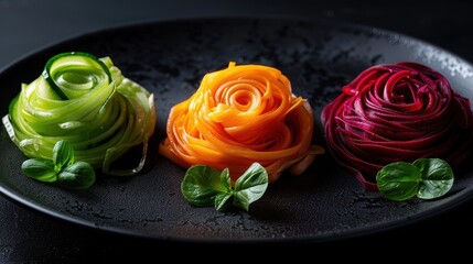 Colorful Vegetable Pasta Nests on Black Plate with Fresh Basil Leaves - Healthy Gourmet Cuisine