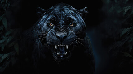 Obraz premium Front view of Panther on black background. Wild animals banner with copy space. Predator series. digital art, generative ai