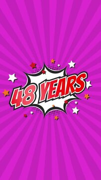 Celebratory animation for 48th forty-eighth anniversary - 48 forty-eight years birthday. Animated text on pop colorful background with rotating rays.