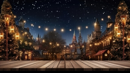 Fototapeta premium Christmas time. Empty Wooden table in front of medieval Town Square with lit trees in Christmas night. Gothic castle at night. Christmas Holidays. Christmas Card., generative ai