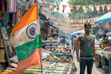 Indian Flag and Street Vendor in a Bustling Market