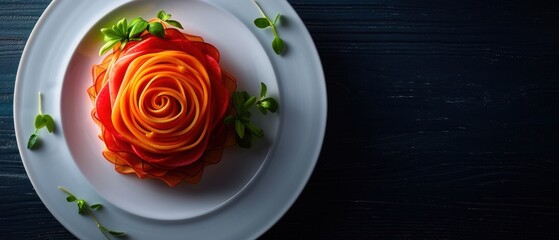 Elegant Vegetable Rose Salad on White Plate with Dark Wooden Background