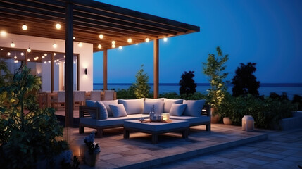 Obraz premium Terrace of modern cottage with night view of the ocean. View of the cozy outdoor patio with outdoor lighting and lanterns., generative ai