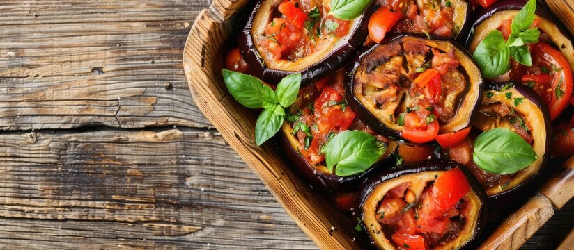 Scarlet eggplant dish with tomato served in wooden container with space for text