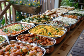 Indian Food Buffet on a Wooden Table