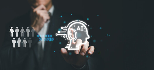 Business person think before make decision to lay off employee and using AI technology to replace...