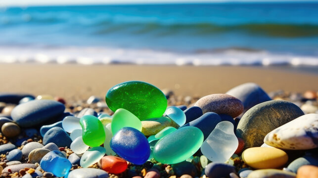 Colorful gemstones on a beach. Polish textured sea glass and stones on the seashore. Green, blue shiny glass with multi-colored sea pebbles close-up. Beach summer background., generative ai