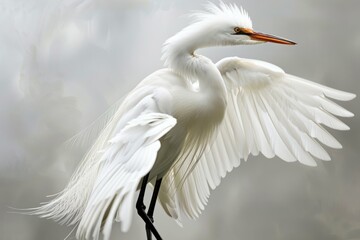 White heron stretching its wings gracefully with a blurry background