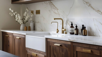 Fototapeta premium A stylish kitchen in London features chic white marble-look tiles, warm coffee-colored cabinets, and elegant brass handles.