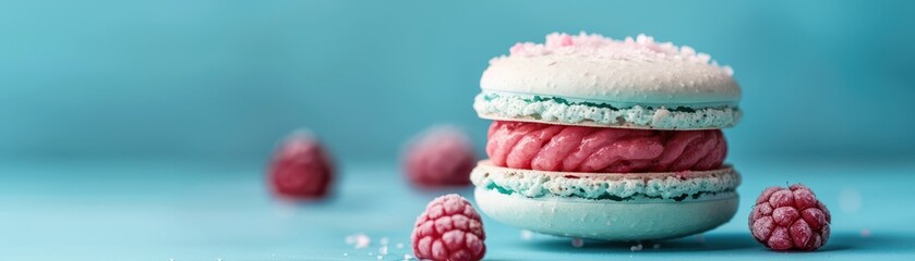Delicious Blue and Pink Macaron with Fresh Raspberries on a Blue Background