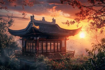 Serene landscape featuring a traditional chinese pagoda nestled amidst lush foliage, bathed in the warm glow of a breathtaking sunset © ylivdesign