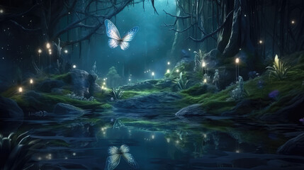 A fluttering dragonfly flies in the night fantastic enchanted forest under the moonlight. Fairy tale concept., generative ai