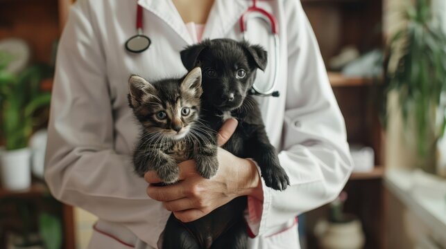 The veterinarian holding kitten and puppy