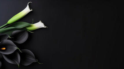 Deepest sympathy card with calla flower on black background. condolences on deaths. Funeral concept. copy space., generative ai