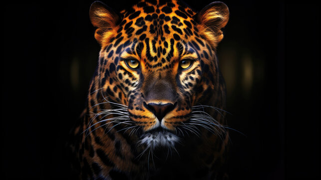 Majestic Leopard. Portrait of leopard on black background. Predator series. Danger concept. digital art, generative ai