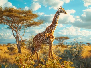 Fototapeta premium Graceful giraffe browsing on tree leaves in a savannah backdrop of acacia trees natural world photo realistic wide angle