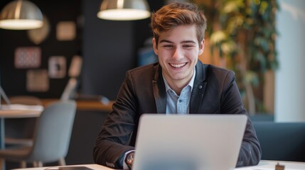 a young smiling caucasian businessman is sitting at his laptop in the office