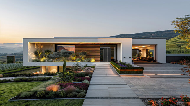 Moderna vivienda familiar de lineas rectas con hormig&oacute;n arquitect&oacute;nico blanco de una planta, grandes ventanales, bello jard&iacute;n decorado con plantas y camino de acceso, en paisaje natural 