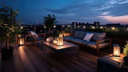 Fototapeta premium Roof terrace of a beautiful house with night-time view of the city. View over cozy outdoor terrace with outdoor string lights and lanterns., generative ai