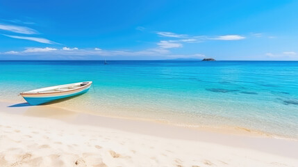 Obraz premium Canoe on the tropical sandy beach. Beautiful summer landscape of tropical island with boat in ocean. Transition of sandy beach into turquoise water. Travel and vacation concept., generative ai
