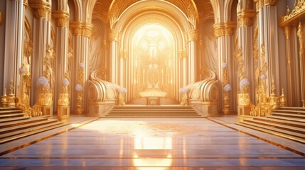 A realistic fantasy interior of the palace. golden palace. castle interior. Fiction Backdrop. concept art., generative ai