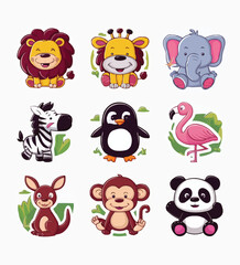 Obraz premium Cute Animals printable stickers clipart vector illustration set