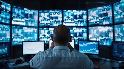 Editorial image of a financial advisor analyzing market data on multiple screens, editorial photography style