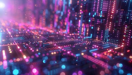 Obraz premium Blockchain technology, digital ledger, holographic interface, futuristic design, neon lights, high detail, 3D rendering, cyber elements, blue and purple hues