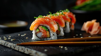Fresh Salmon Sushi Roll with Avocado and Cucumber on Black Slate Plate with Chopsticks