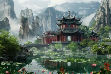 Naklejka premium Tranquil scene of traditional chinese pagoda building standing on pond with bridge surrounded by lush vegetation and rocky mountains