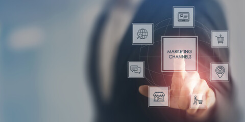 Marketing channel strategy concept. Utilizing multiple marketing channels, .direct sales, online...