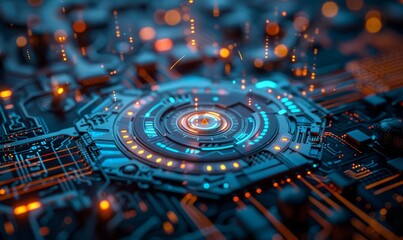 Fototapeta premium Cybersecurity firewall, digital barrier, encrypted data protection, futuristic interface, high detail, neon lights, 3D rendering, blue tones