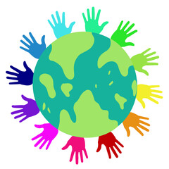Obraz premium A group of children holding hands and forming a circle around a globe , Protecting environment. world peace concept,